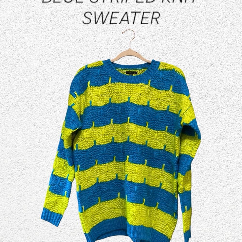 Timing Neon Yellow & Blue Long Sleeve Knit Sweater Size Medium